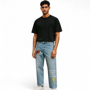 Zara x Pepo Moreno Light Blue Graphic Print Cotton Denim Baggy Jeans Size 29